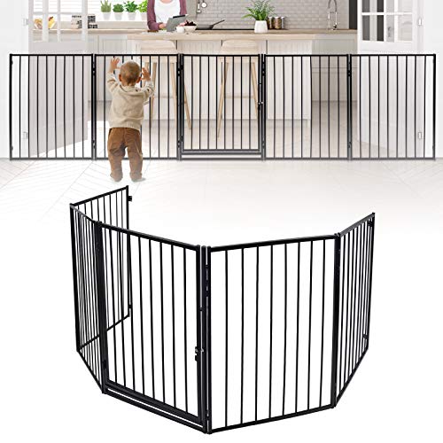 TRMLBE Kaminschutzgitter 305cm Kinderschutzgitter Faltbar Kinderschutz mit Tür Ofenschutzgitter Höhe 76cm für Kinder und Hunde, Schwarz (inkl. 5 Elemente) von TRMLBE