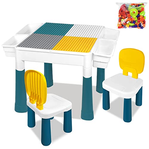 TRMLBE Kindertisch mit 2 Stühlen Kindersitzgruppe Kinder Tisch Stuhl Set Spieltisch Bausteintisch Multifunktionaler mit Stauraum und Bausteine Aktivitätstisch Maltisch für Jungen und Mädchen von TRMLBE