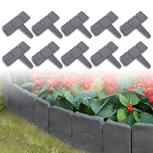 TRMLBE Rasenkante 10pcs 2,5m Kunststoff Beetumrandungen T-Form Steinoptik Gartenzaun PP-Material Rasenkantenprofile mit Schnell-Verbindung Beetbegrenzung Beeteinfassung für Garten Deko, Anthrazit von TRMLBE