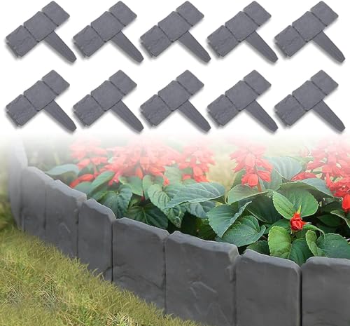 TRMLBE T-Form Rasenkante 50pcs 12,5m Kunststoff Steinoptik Beetumrandungen Gartenzaun PP-Material Rasenkantenprofile mit Schnell-Verbindung Beetbegrenzung Beeteinfassung für Garten Deko, Anthrazit von TRMLBE