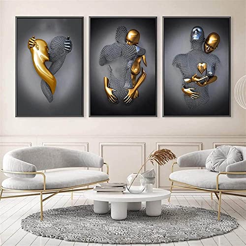 TROONZ 3PCS Grau Bild Leinwand Kunst Wand, Liebesherz 3D Effekt, Paare, Metallkunst Set, abstrakte Metallfigur Skulptur Dekomit DIY-Rahmen (Size : 40 * 60cm) von TROONZ