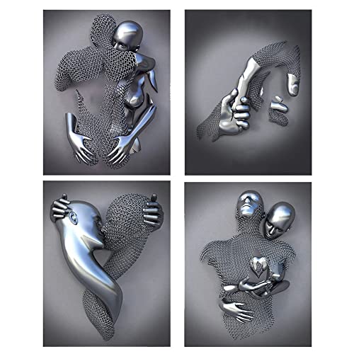 TROONZ 4PCS Bilder auf Leinwand Liebe Herz Grau-Kunst Wand, Abstrakt Metallfigur Statue Kunst Wandbild, Liebe Herz 3D-Effekt Wandkunst für Wohnkultur-60 * 90cm von TROONZ