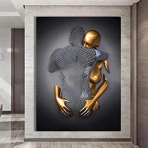 TROONZ Liebe Herz 3D-Effekt Wandkunst mit Holzrahmen, Abstrakte Metallfigur Skulptur Deko, Bild Leinwand Kunst Wand, Liebesherz 3D Effekt, Paare, Metallkunst Set-A||60 * 80cm von TROONZ