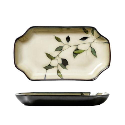 Japanischer Stil, einfache und Retro-Ofenwechsel-Glasur, zarte rechteckige Keramikplatte – kleiner grüner Blatt-Stil Japanischer Stil, einfache und Retro-Ofenwechsel-Glasur, zarte rechteckige Keramikplatte – kleiner grüner Blatt-Stil von TROSIQUANJIA