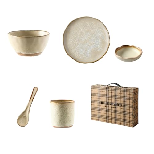Keramik-Geschirr, einfarbig, Unterglasur, Farbwechsel, nordischer Retro, exquisites Geschirr-Set mit 5 gelben Blumen (Box) von TROSIQUANJIA