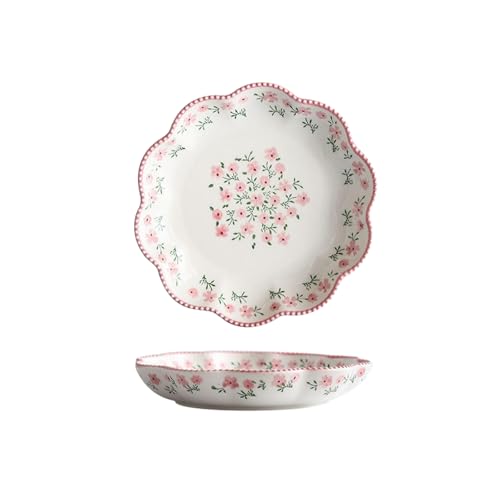 Keramikteller mit unterglasiertem Blumenmuster, Blumensalat, Pastateller – Rosa von TROSIQUANJIA