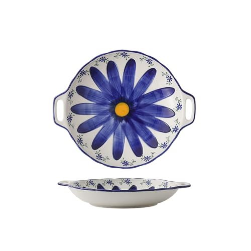 Unterglasur handbemalte Blumen-Keramikplatte Doppelohr-Outdoor-Grill-Steakplatte – Dunkelblau von TROSIQUANJIA