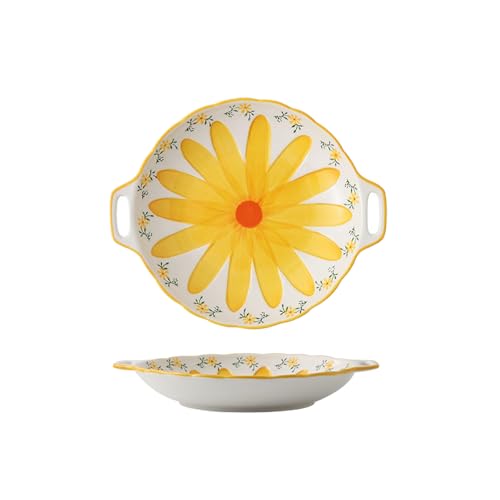 Unterglasur handbemalte Blumen-Keramikplatte Doppelohr-Outdoor-Grill-Steakplatte – Gelb von TROSIQUANJIA