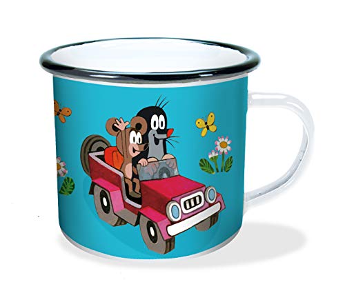 Trötsch Der kleine Maulwurf Emaille Becher Auto: Vintage Look Used Look: Kaffeetasse Teetasse Geschenkidee Geschenk Tasse Emaillebecher, 1 Stück (1er Pack) von TROTSCH