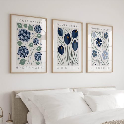 3er Poster Set Wandbild Bilder – Nordische Flower Market Blumenposter, Ungefähmtes Leinwandbild mit Hortensie, Krokus und Nelke für Wohnzimmer & Schlafzimmer (50x70cm) von TROYSINC