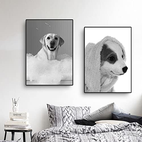 TROYSINC 2er Badezimmer Schwarz Weiß Bilder Set, Tier Hund in der Badewanne Bild, Lustige Wandkunst Drucke Leinwand Poster (21x30cm) von TROYSINC