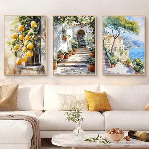 TROYSINC 3er Ästhetik Poster Set, Sommer Zitrone Olivenbaum Wandbilder Wohnzimmer, Vintage Mediterrane Landschaft Kunstdruck Leinwandbild Bilder für Schlafzimmer, Ohne Rahmen (21x30cm,B) von TROYSINC