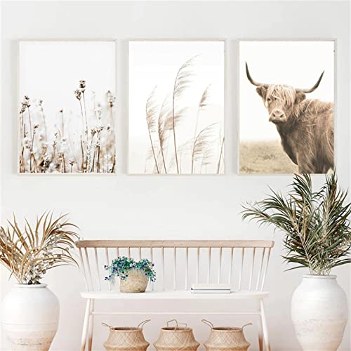 TROYSINC 3er Beige Poster Set, Schilf Natur Leinwandbilder, Moderne Rinder und Schafe Print Wandbilder Ohne Rahmen Wandposter für Wohnzimmer (Stil B,50 x 70 cm) von TROYSINC