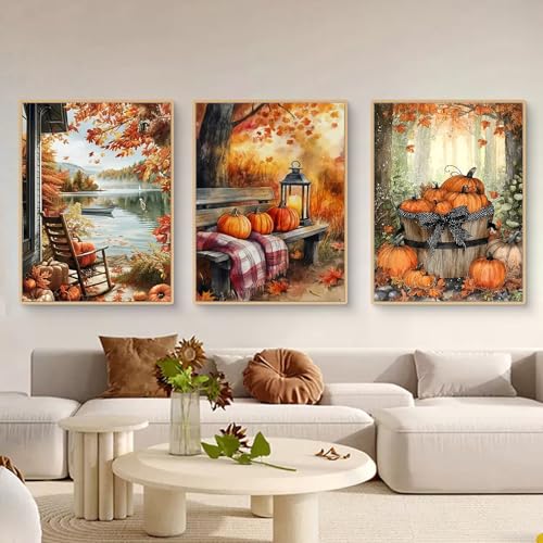 TROYSINC 3er Herbst Bilder Set Aesthetic Ahornblätter, Kürbisse Wandbilder Wohnzimmer, Herbstlandschaften Poster, Herbst Wanddeko für Schlafzimmer, ohne Rahmen (40x50cm) von TROYSINC