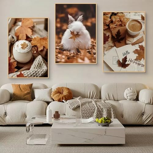 TROYSINC 3er Herbst Poster Set, Aesthetic Ahornblatt Kaninchen Kaffee Bilder Set, Herbst Wandbilder Wohnzimmer Wanddeko für Schlafzimmer, Ohne Rahmen (21x30cm) von TROYSINC