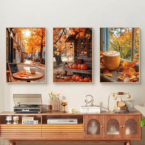 TROYSINC 3er Herbst Poster Set, Aesthetic Fallenblätter Kürbis Bilder Set, Gemütliche Nachmittagsteezeit Wandbilder Wohnzimmer Wanddeko für Schlafzimmer, Ohne Rahmen (40x50cm) von TROYSINC