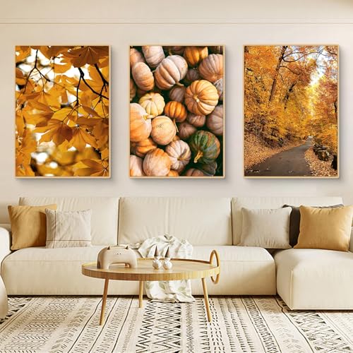 TROYSINC 3er Herbst Poster Set, Herbst Wald, alte Burg, Kürbis Blätter Bilder Set, Wandbilder Wohnzimmer Natur Herbst Wanddeko für Schlafzimmer Flur,Ohne Rahmen (21x30cm,B) von TROYSINC
