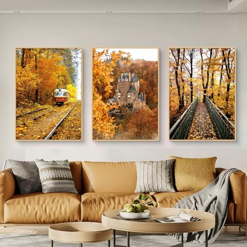 TROYSINC 3er Herbst Poster Set, Herbst Wald, alte Burg, Kürbis Blätter Bilder Set, Wandbilder Wohnzimmer Natur Herbst Wanddeko für Schlafzimmer Flur,Ohne Rahmen (30x40cm,A) von TROYSINC