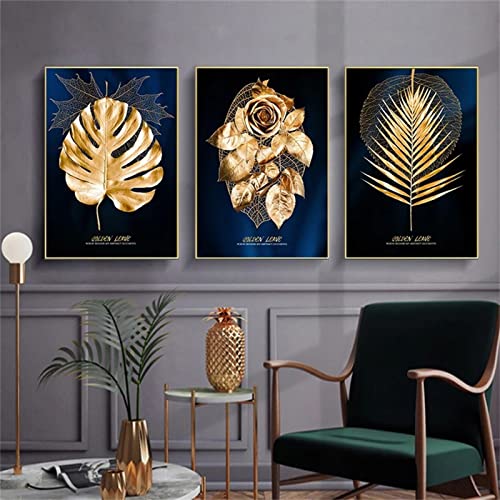 TROYSINC 3er Moderne Poster Set, Gold Palmenblätter Rose Wandbilder, Leinwand Bilder Natur, Ohne Rahmen Wald Wandposter Wohnzimmer wanddeko (30 x 40 cm) von TROYSINC