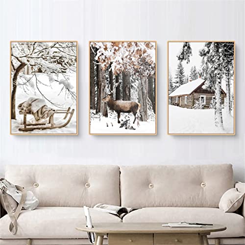 TROYSINC 3er Premium Poster Set, Winter Bilder, Elch, Holzhaus, Wald Wandkunst Wandbilder, Leinwand Drucke Wohnzimmer Bilder Modern Wanddeko Bilder, Kein Rahmen (A,40x50cm) von TROYSINC