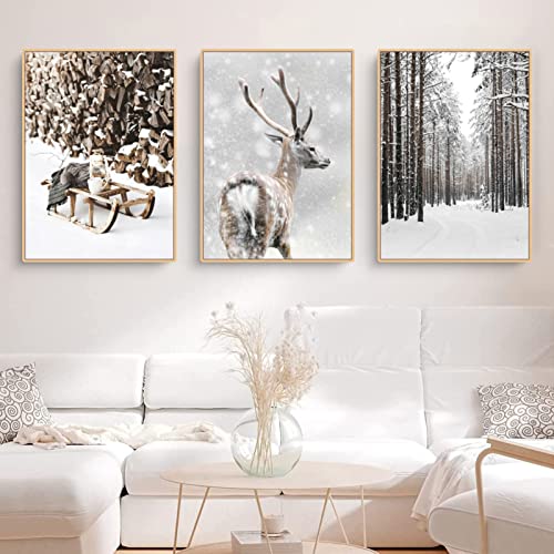 TROYSINC 3er Premium Poster Set, Winter Bilder, Elch, Holzhaus, Wald Wandkunst Wandbilder, Leinwand Drucke Wohnzimmer bilder Modern Wanddeko Bilder, Kein Rahmen (B,40x50cm) von TROYSINC
