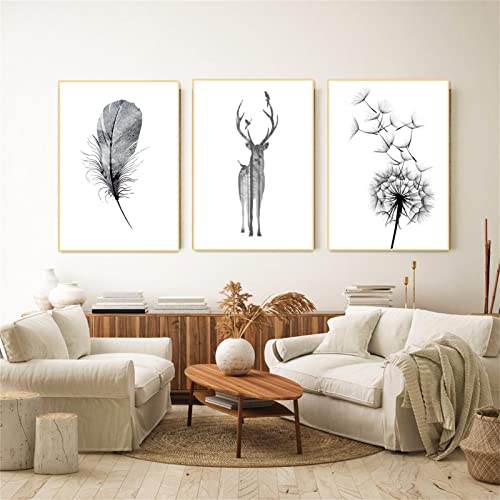 TROYSINC 3er Set Design-Poster Wandbilder, Pusteblume Feder Hirsch Bilder Wand Kunstdrucke Modern Wand Deko Bild, Leinwand Kunstposter für Wohnzimmer Schlafzimmer (40x60 cm) von TROYSINC