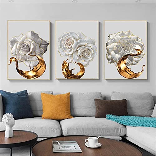 TROYSINC 3er Set Premium Poster,Weiße Rose,Goldene Tinte Splash, Ohne Rahmen,Stilvolle Wand Deko für Schlafzimmer Wohnzimmer (40 x 50 cm) von TROYSINC
