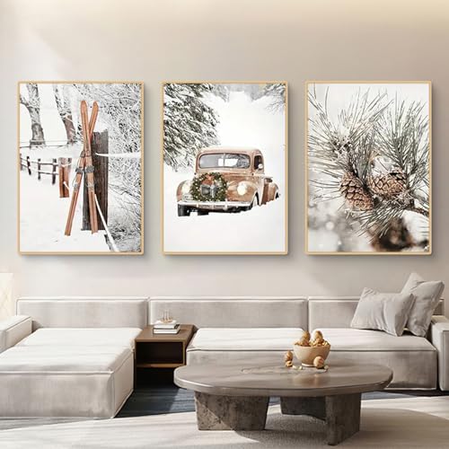 TROYSINC 3er Weihnachts-Poster Set, Winter Bilder Set, Autos, Tannenzapfen Wandkunst Wandbilder Wohnzimmer Weihnacht Wanddeko für Wohnkultur, Ohne Rahmen (30x40cm) von TROYSINC