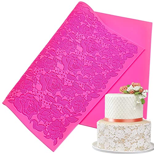 TROYSINC Blume Muster Silikon Spitze Matte,Spitzen-Kuchenform,Fondant Prägematte Strukturmatte Spitze Geprägte Kuchenform,Für Tortendeko Spitze Effekt Fondant Klassisch Muster, Rosa von TROYSINC