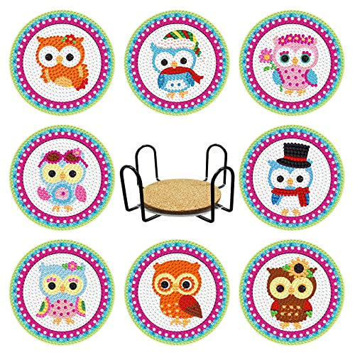 TROYSINC Diamond Painting Untersetzer mit Halter, 8 Pack Cartoon Eule Acryl-Untersetzer, 10 cm Rund rutschfest Korkuntersetzer für Esstisch Deko von TROYSINC