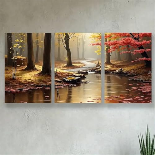 TROYSINC Herbstwald 3er Bilder Set Poster – Warme Natur-Landschaftskunst für Wohnzimmer & Schlafzimmer – Dekorative Wandbilder für gemütliche Atmosphäre (40x50cm) von TROYSINC