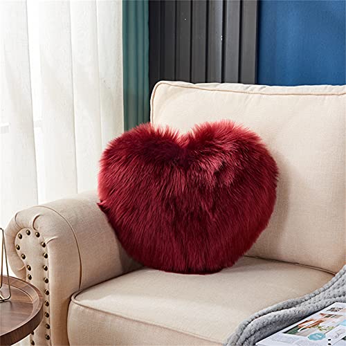 TROYSINC Herzkissen, Lammfell Schaffell Kissen, Plüsch Kuschelkissen, Herzform Flauschige Dekokissen Zierkissen, Langhaar Couchkissen für Sofa Bett (Rotwein) von TROYSINC