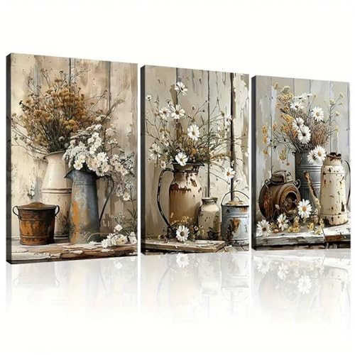 TROYSINC Retro-ländliches 3er-Bilder-Set Dekorative Blumenstillleben Poster für Wohnzimmer & Schlafzimmer, nostalgische Wandkunst im Vintage-Look (21x30cm) von TROYSINC