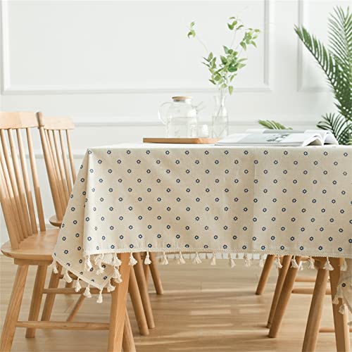 TROYSINC Tischdecke Landhausstil, Blau Gänseblümchen Druck Tischtuch mit Quaste, Baumwolle Leinen Abwaschbar Table Cloth, Dekor Tischdecke für Esszimmer Küche (100 x 140 cm) von TROYSINC