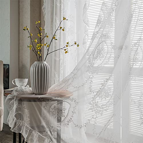 TROYSINC Weiß Spitze Vorhänge, Floraler Bestickt Rüschen Vorhang, Transparent Tüllvorhänge, Vintage Gardine für Schlafzimmer Wohnzimmer, 1 Pack (150 x 280 cm(B x H)) von TROYSINC