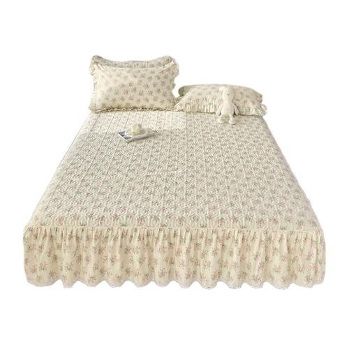 TRQQWEQQ 150 * 200cm Baumwolle Rüschen Bettrock 3pcs 35cm Fall Gerüschte Tagesdecken Mit Kissenbezug Husse Röcke Bettoberfläche Wrap Around Für Die Ganze Saison Geeignet(A,King-180 * 200) von TRQQWEQQ