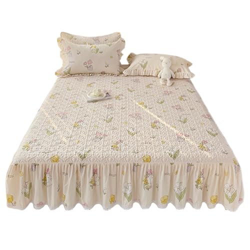 TRQQWEQQ 150 * 200cm Baumwolle Rüschen Bettrock 3pcs 35cm Fall Gerüschte Tagesdecken Mit Kissenbezug Husse Röcke Bettoberfläche Wrap Around Für Die Ganze Saison Geeignet(F,Super/Ck King-200 * 220) von TRQQWEQQ