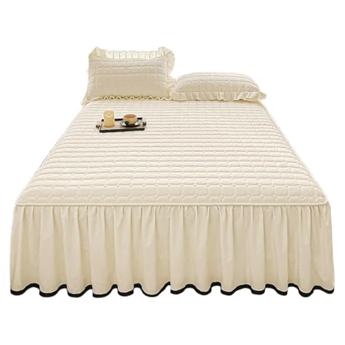 TRQQWEQQ 3-teiliges Set Polyesterfaser Bettrock Mit Rüschen 43cm Fall Tagesdecke Im Bettrock-Stil Dreiseitigen Wrap-Around-Bettrock-Volant Bettwäscheset Mit Kissenbezug(Beige,Queen-150 * 200) von TRQQWEQQ