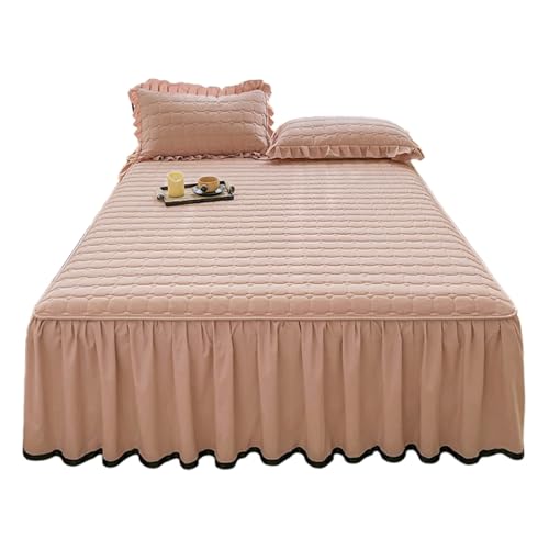 TRQQWEQQ 3-teiliges Set Polyesterfaser Bettrock Mit Rüschen 43cm Fall Tagesdecke Im Bettrock-Stil Dreiseitigen Wrap-Around-Bettrock-Volant Bettwäscheset Mit Kissenbezug(Cream,King-180 * 200) von TRQQWEQQ