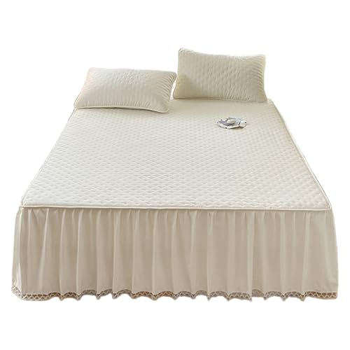 TRQQWEQQ 3pcs Bettrock Mit Rüschen Synthetische Faser Königin 40cm Hoher Rock Bettvolant Mit Kissenbezug Wrap Around Style Tagesdecke Für Die Ganze Saison Geeignet(Beige,Super/Ck King-200 * 220) von TRQQWEQQ
