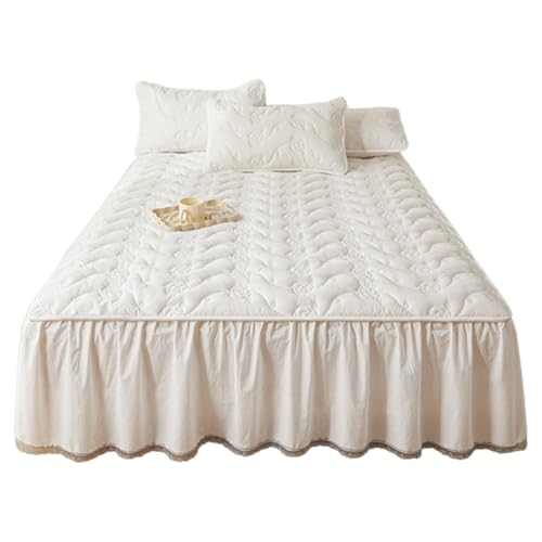 TRQQWEQQ 3pcs Milch-Samt Bettrock Mit Rüschen 150 * 200cm 45cm Fall Tagesdecke Mit Kissenbezug Wrap Around Style Matratzenschoner Für Die Ganze Saison Geeignet(Bianco,Queen-150 * 200) von TRQQWEQQ