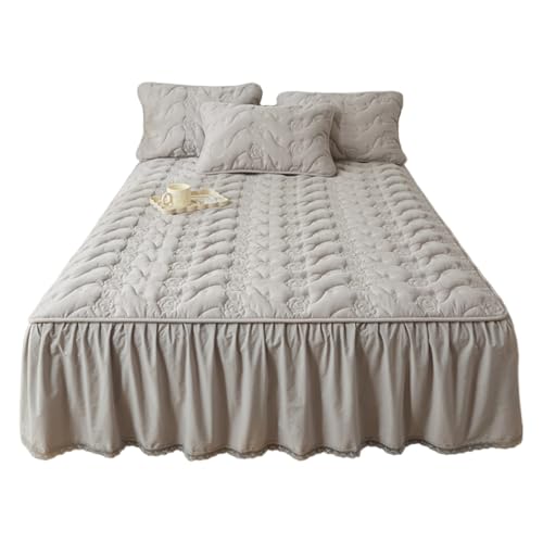 TRQQWEQQ 3pcs Milch-Samt Bettrock Mit Rüschen 150 * 200cm 45cm Fall Tagesdecke Mit Kissenbezug Wrap Around Style Matratzenschoner Für Die Ganze Saison Geeignet(Gray B,Queen-150 * 200) von TRQQWEQQ