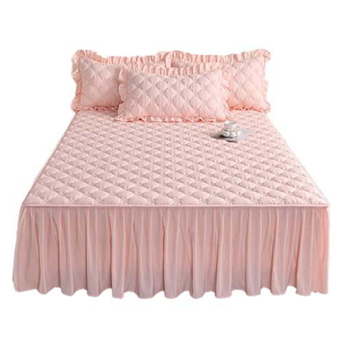 TRQQWEQQ Königin Bettrock Mit Rüschen Polyesterfaser 3pcs 40cm Lang Spitze Matratzenschoner Betthusse Wrap Around Style Mit Kissenbezug Für Die Ganze Saison Geeignet(Pink A,King-180 * 200) von TRQQWEQQ