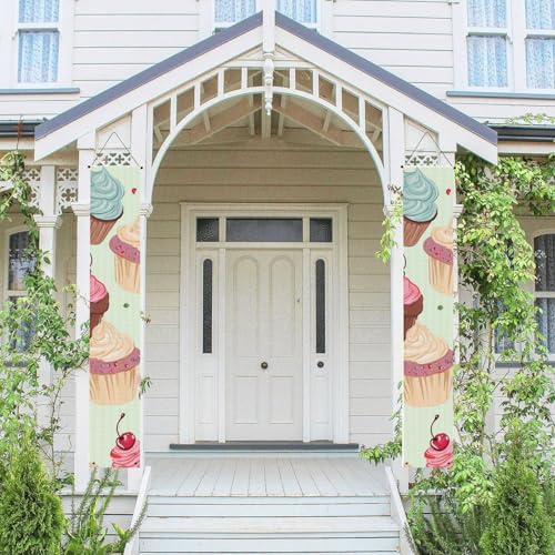 2 Stück Willkommensbanner zum Aufhängen, Frühjahr, Sommer, Haustür, Veranda, Banner, Cupcake, saisonale Tür, hängende Veranda, Schild, Bauernhaus, Innenwand, Hintergrund, Dekoration, Outdoor-Flagge von TRSGKSQP