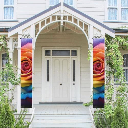 2 Stück Willkommensbanner zum Aufhängen, Frühling Sommer Haustür Veranda Banner Regenbogen Rose Blume saisonale Tür hängende Veranda Schild Bauernhaus Indoor Wand Hintergrund Dekoration Outdoor Flagge von TRSGKSQP