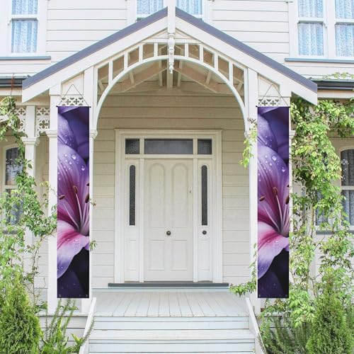 2 Stück Willkommensbanner zum Aufhängen, Frühlings- und Sommer-Haustür-Veranda-Banner, violette Lilie, Blumen, saisonales Türschild zum Aufhängen, Veranda-Schild, Bauernhaus, Innenwand, Hintergrund 2 Stück Willkommensbanner zum Aufhängen, Frühlings- und Sommer-Haustür-Veranda-Banner, violette Lilie, Blumen, saisonales Türschild zum Aufhängen, Veranda-Schild, Bauernhaus, Innenwand, Hintergrund von TRSGKSQP
