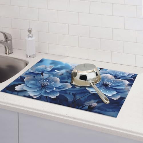 Abtropfmatte für Küchentheke, groß, super saugfähig, Abtropfmatte, blühende blaue Blumen, Mikrofaser, Abtropfmatte, rutschfeste Küchen-Abtropfmatte für Spülen, Kaffeemaschine, 61 x 46 cm von TRSGKSQP