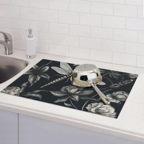Abtropfmatte für Küchentheke, groß, super saugfähig, Abtropfmatte, schwarze Blumen und Libelle, Mikrofaser, Abtropfmatte, rutschfest, für Spülen, Kaffeemaschine, 61 x 46 cm von TRSGKSQP