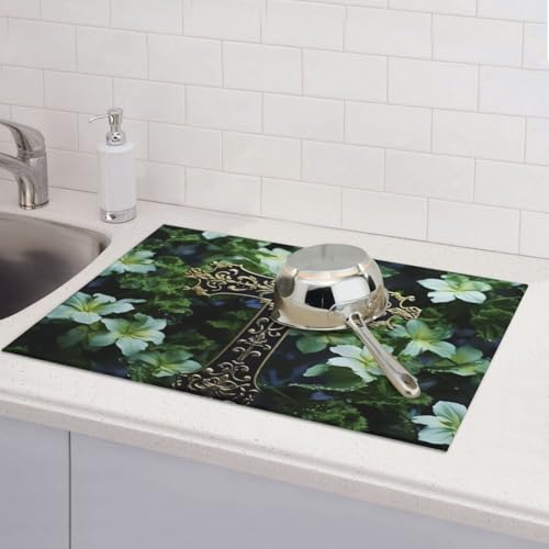 Abtropfmatte für Küchentheke, groß, super saugfähig, Abtropfmatte, schwarzes Kreuz unter grünen Blumen, Mikrofaser, Abtropfmatte, rutschfest, für Spülen, Kaffeemaschine, 61 x 46 cm von TRSGKSQP