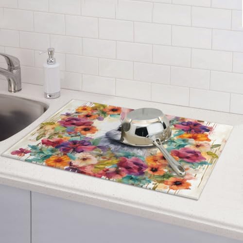 Abtropfmatte für Küchentheke, groß, super saugfähig, Aquarell, Kaninchen und Blumen, Mikrofaser, Abtropfmatte, rutschfeste Küchen-Abtropfmatte für Spülen, Kaffeemaschine, 61 x 46 cm von TRSGKSQP
